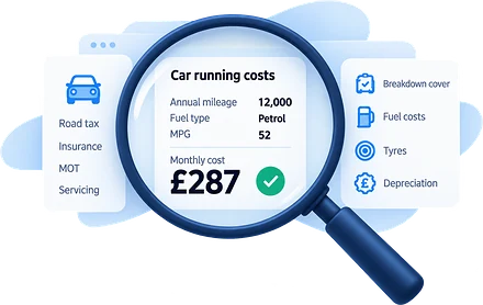 Illustration of a CoryVu car running costs result, with a breakdown of fuel, insurance, servicing and other costs.